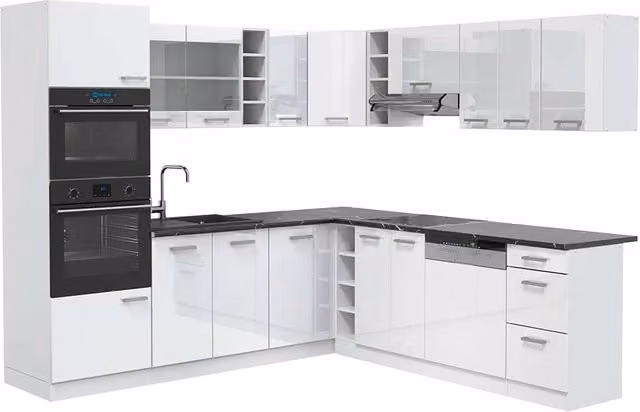 Cucina angolare moderna Vicco R-Line Bianco lucido e Antracite, L: 247 cm x P: 237 cm