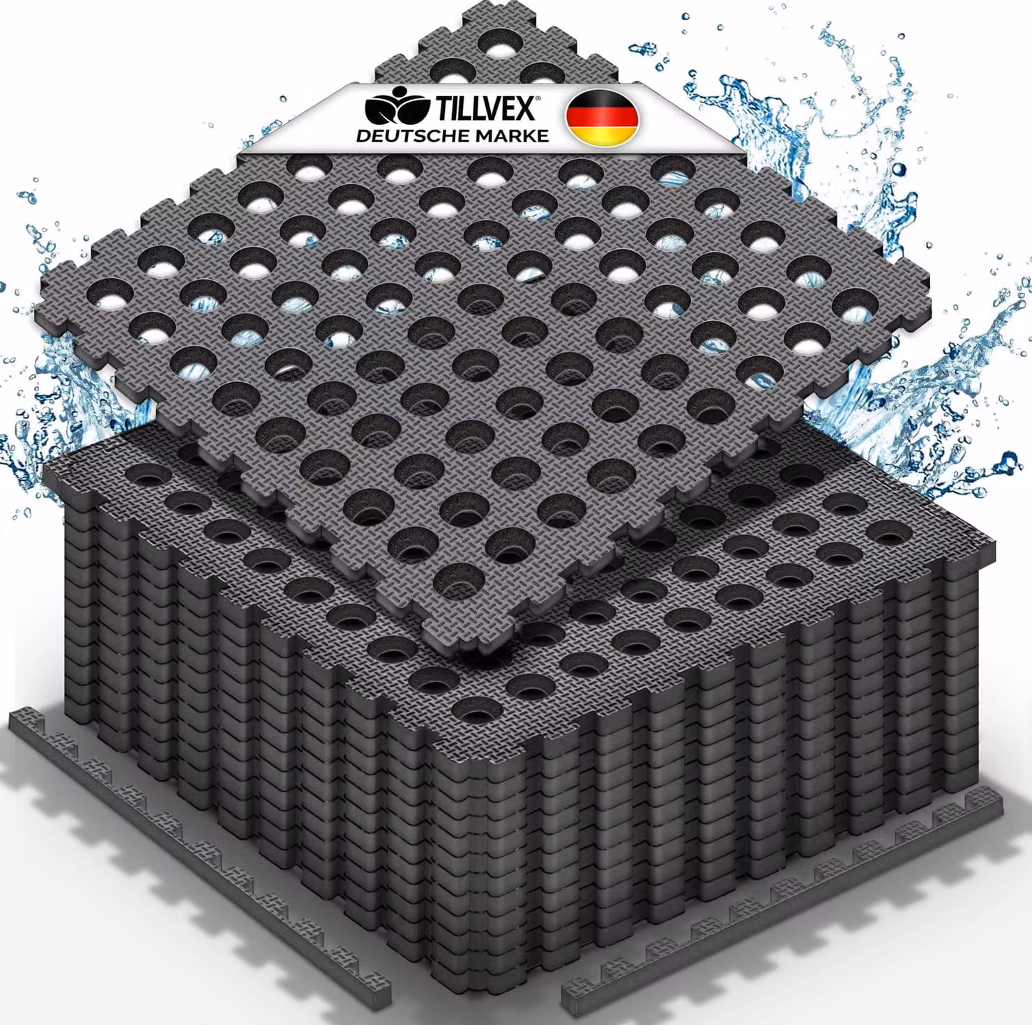 tillvex® Tappetino di protezione per il pavimento della piscina con fori 48 pezzi nero | tappetino per piscina e piscina 51x51 cm | tappetino per piscina tappetino per esterni | sottotappeto per piscina tappetino di protezione termoisolante | pellicola pe