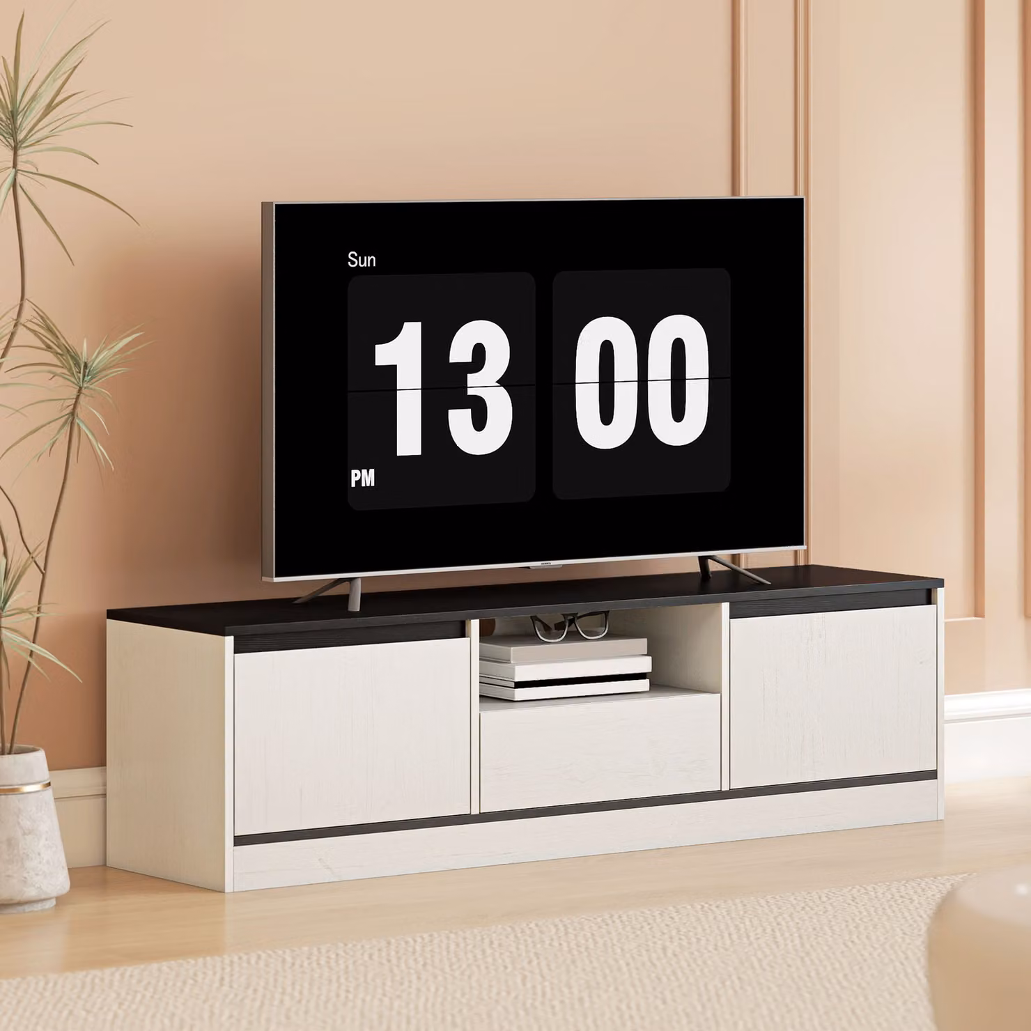 Mobile TV HOMCOM con 2 armadi, ripiano e cassetto, nero e bianco, L 140 cm x P 35 cm x H 40 cm – 2