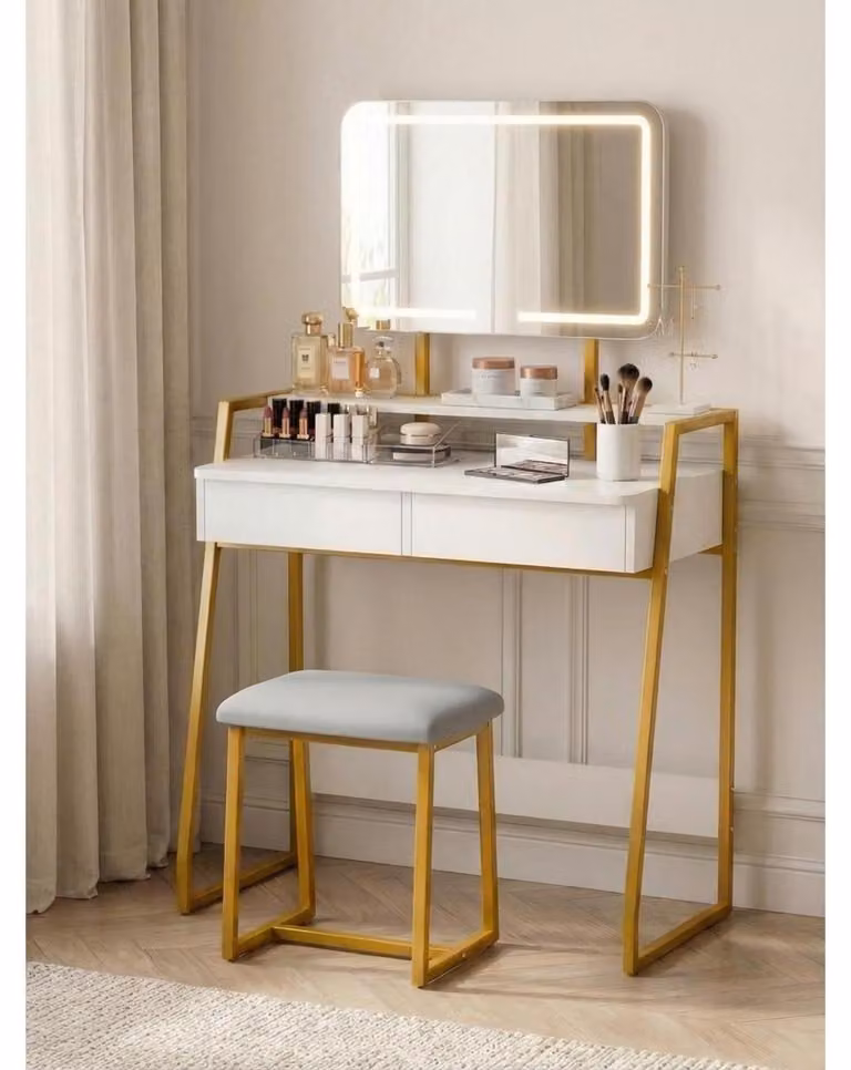 Comò da trucco con sgabello, bianco/oro, specchio LED con 3 colori di luce, 2 cassetti, dimensioni 84x43x142 cm