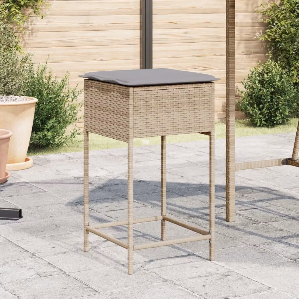 Set di 2 sgabelli da bar vidaXL in polyrattan beige con cuscini rimovibili e struttura in metallo