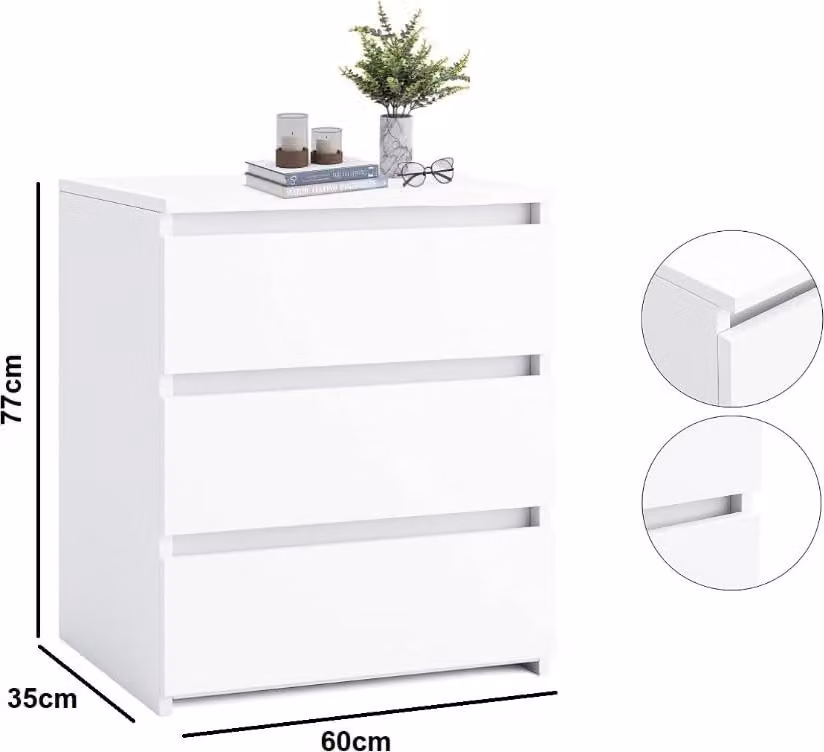 BDW, cassettiera bianca, 97x60 cm con 3 cassetti per soggiorno, camera da letto, COCO