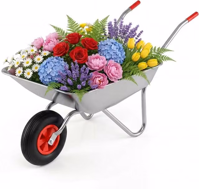 Carriola da giardino in acciaio zincato con ruota singola in gomma e due maniglie, colore argento
