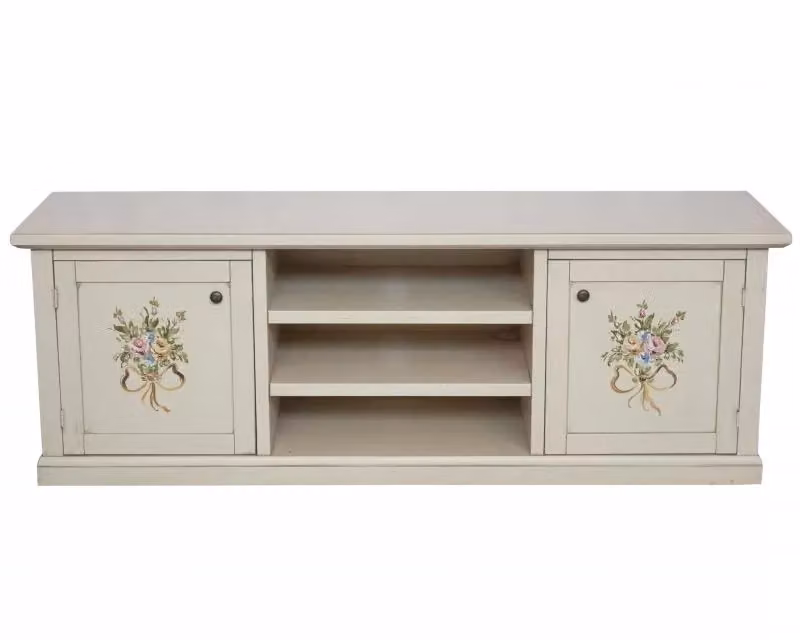 Porta TV Mobili 2G in legno con 2 ante in stile shabby chic bianco e decori floreali L: 160 cm, P: 46 cm, H: 56 cm – 1