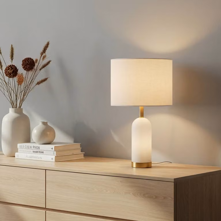 Lampada da tavolo Alabaster Lindby, Bianco / Opale, Soggiorno / Sala da pranzo, Tessuto / Stoffa / Seta, Scandinavo, Lampada da tavolo