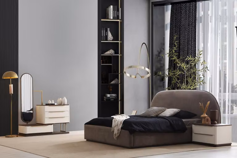 Edles Schlafzimmer Set Designer Taupes Bett Nachttische Schminktisch
