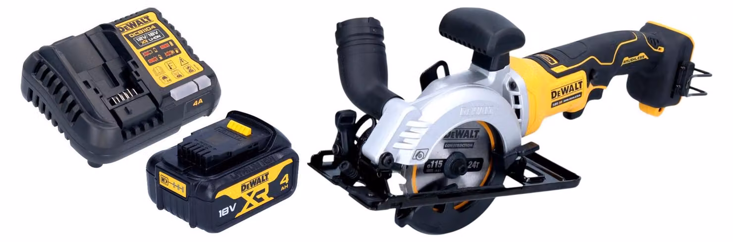 Sega circolare a batteria DeWalt DCS 571 M1 18 V 115 mm brushless + 1x batteria 4,0 Ah + caricabatteria
