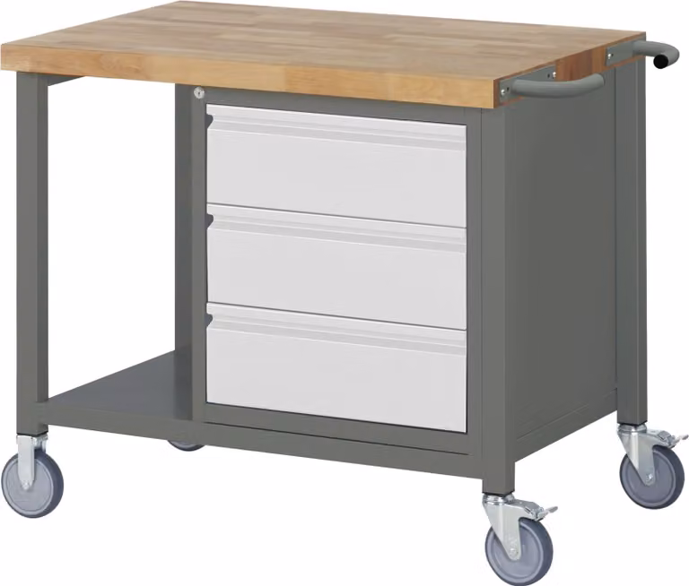 STIER Banco da lavoro mobile Premium, 3 cassetti, 100x70x88 cm, acciaio verniciato a polvere e faggio