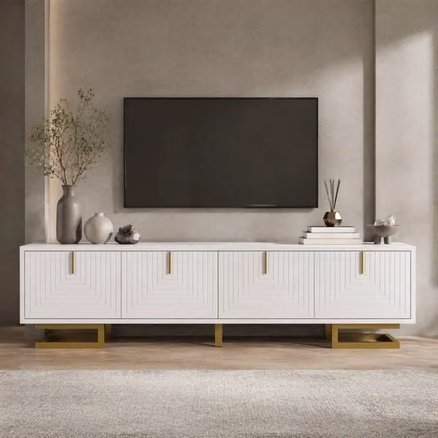 Mobile TV REDOM moderno bianco con 4 ante e gambe oro L: 160 cm, P: 38 cm, H: 44,5 cm