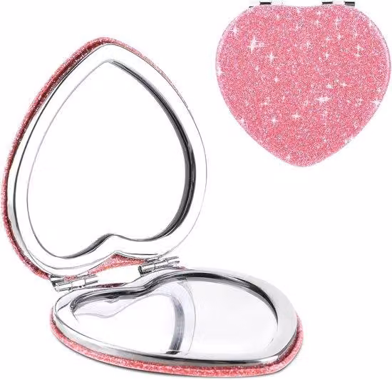 Specchio da trucco portatile, compatto, a forma di cuore, con ingrandimento, ideale per i viaggi