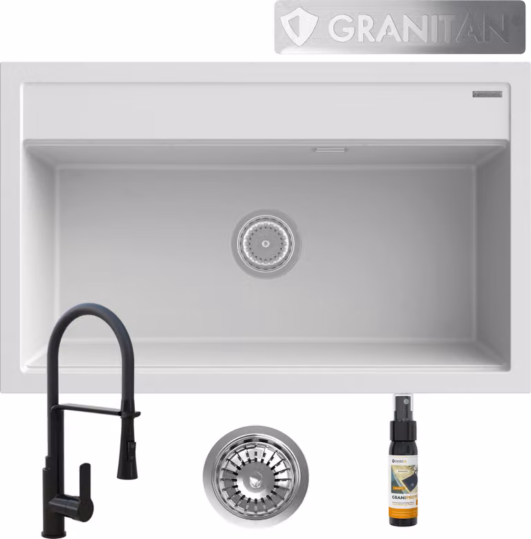 Granitan - Lavello in granito - Lavello da cucina - 80x50 cm - con rubinetto e sifone - Lavello