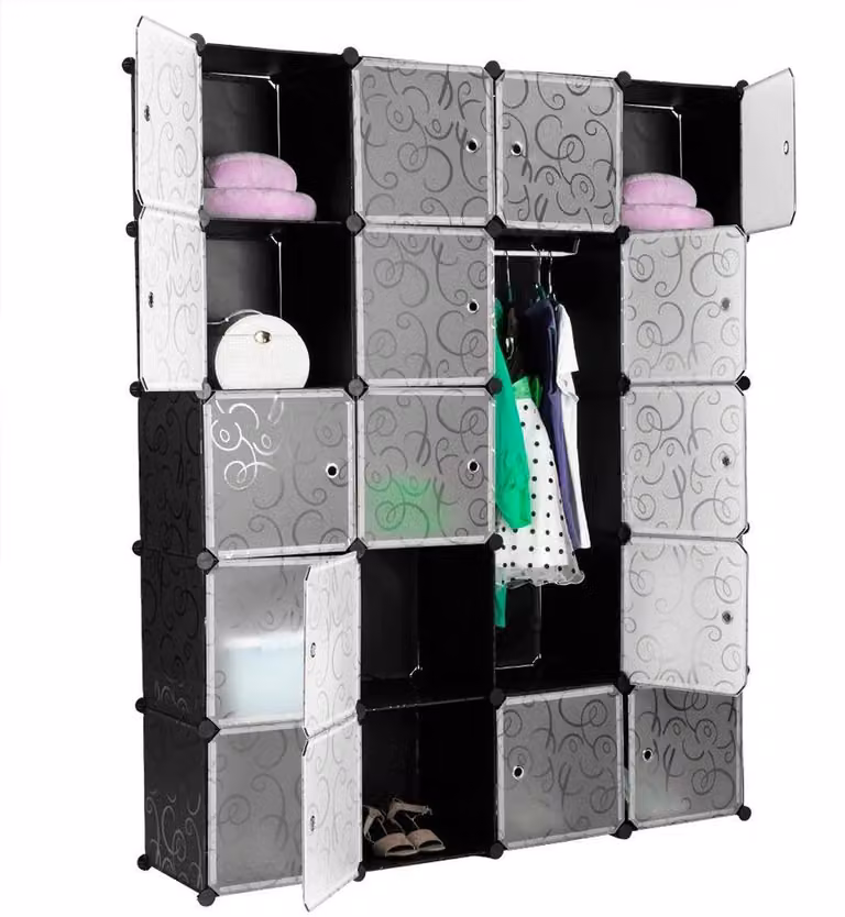 Armadio modulare e mobiletto per scarpe - Armadio a cubo con ante - 20 scomparti di stoccaggio - 2 aste appendiabiti - Impilabile - Pieghevole - Adatto per la camera da letto - Colore: nero