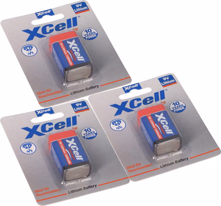 3 batterie al litio XCell X9V-B da 9V, formato blocco, capacità 1200mAh, confezionate in blister - adatte per rilevatori di fumo e sistemi di sicurezza