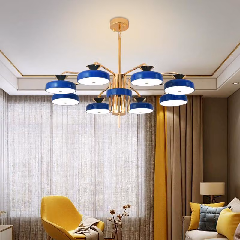 Plafoniera LED XW816-8L con telecomando Colore della luce/luminosità regolabile Paralume in acrilico Montatura in metallo laccato blu/oro