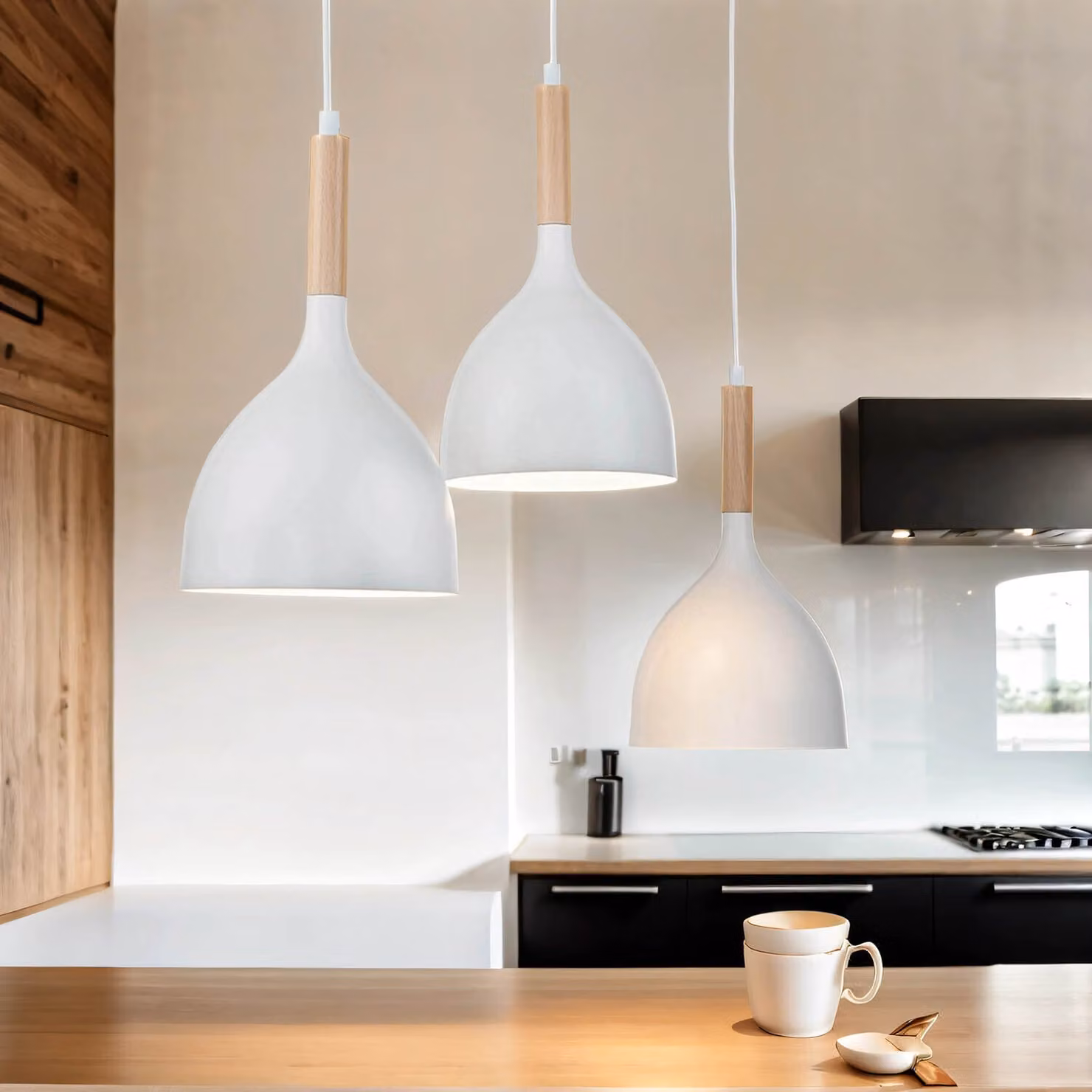 Lampada a sospensione in metallo bianco e legno a 3 luci orientabili Scandinavo E27 lampada a sospensione sala da pranzo
