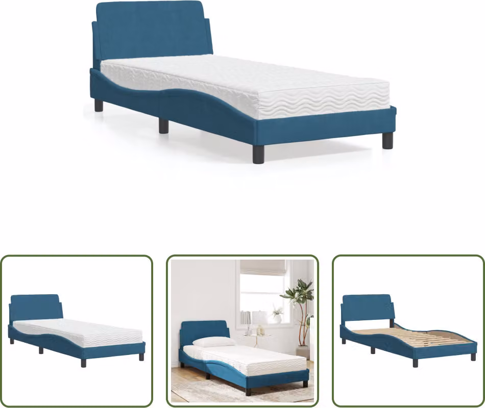 The Living Store Letto con materasso blu 90x200 cm in velluto