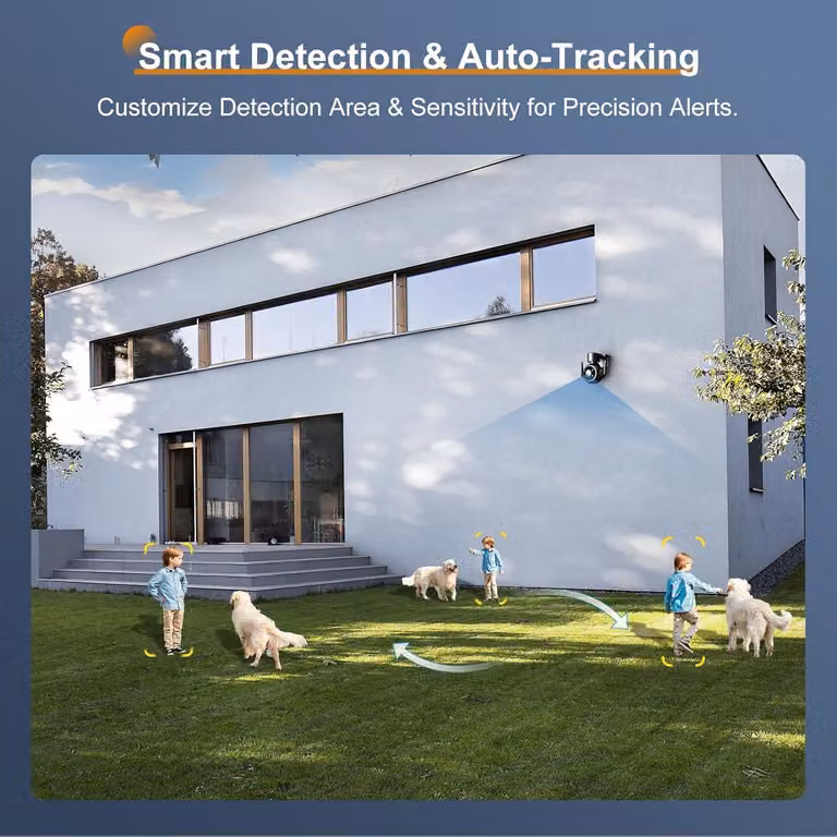 Telecamera di sicurezza esterna 2K, con Wi-Fi, set di 4 pezzi, funzione di tracciamento automatico, visione notturna a colori fino a 30 metri, 8 posizioni preimpostate, faretto e sirena, accesso remoto tramite app e PC