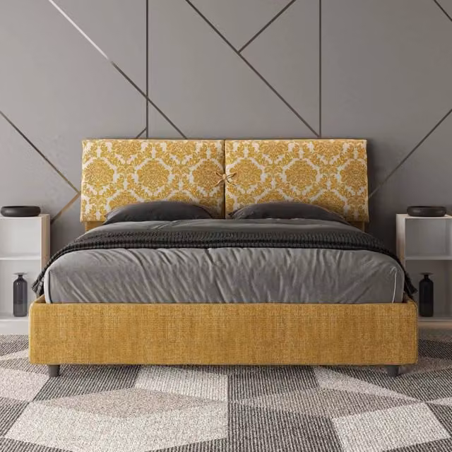 Letto matrimoniale contenitore Mados con doppia alzata imbottito in tessuto Agata giallo L 160 cm x P 210 cm