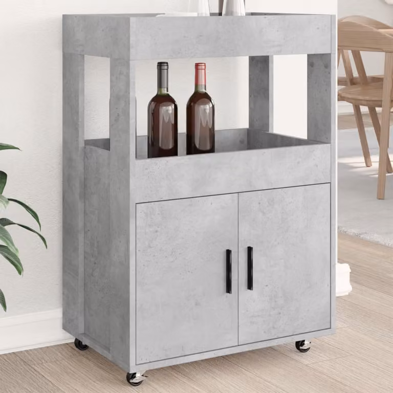 vidaXL Carrello Bar in Stile Industriale Grigio Cemento con Ruote in Legno e MDF L: 60 cm, P: 39,5 cm, H: 89 cm