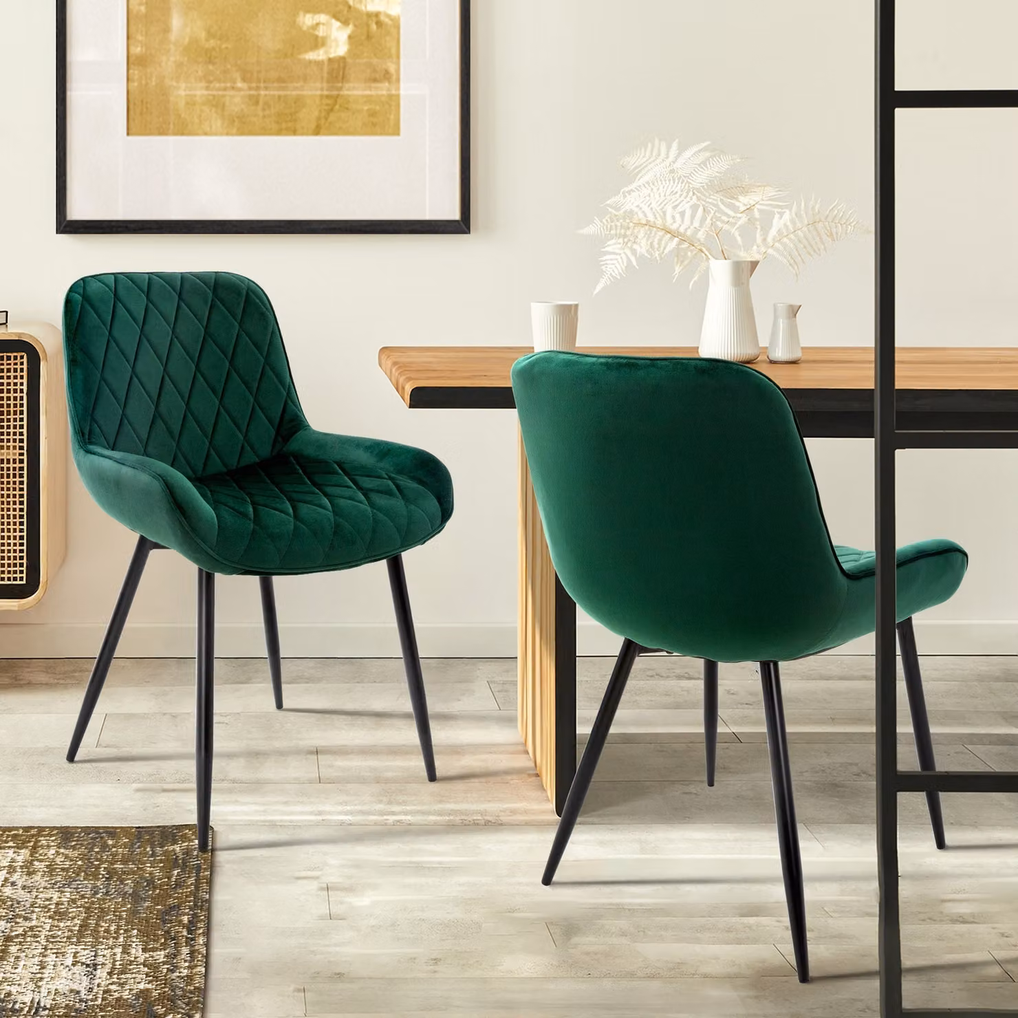 ML-Design set di 2 sedie da pranzo con schienale e braccioli, verde scuro, seduta in velluto, sedia imbottita con gambe in metallo