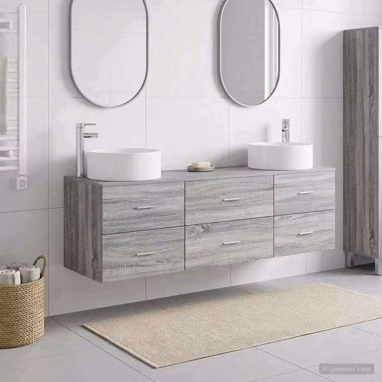 Set di mobili per il bagno moderno vidaXL in 3 pezzi, colore grigio argento, con vanità e cassetti, finitura opaca