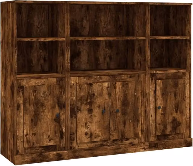 Set di 3 mobili contenitori buffet credenza e cassettiera in legno MDF marrone per cucina e soggiorno