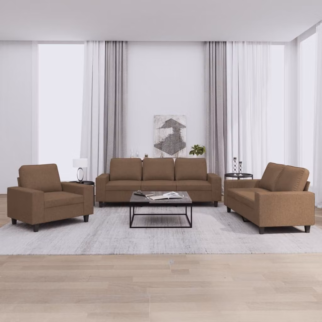 Set di divani 3 pezzi vidaXL in tessuto marrone per soggiorno con design moderno e cuscini inclusi