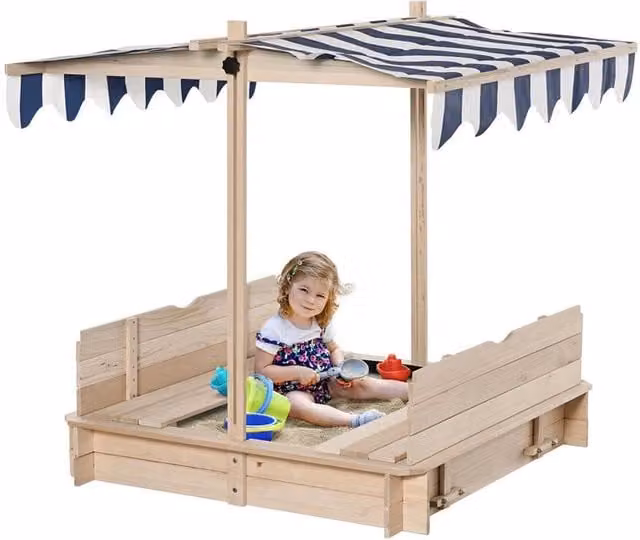 Sabbiere per bambini con tetto parasole regolabile in altezza, bianco e blu, L/P/H: 106 x 106 x 121 cm – 1