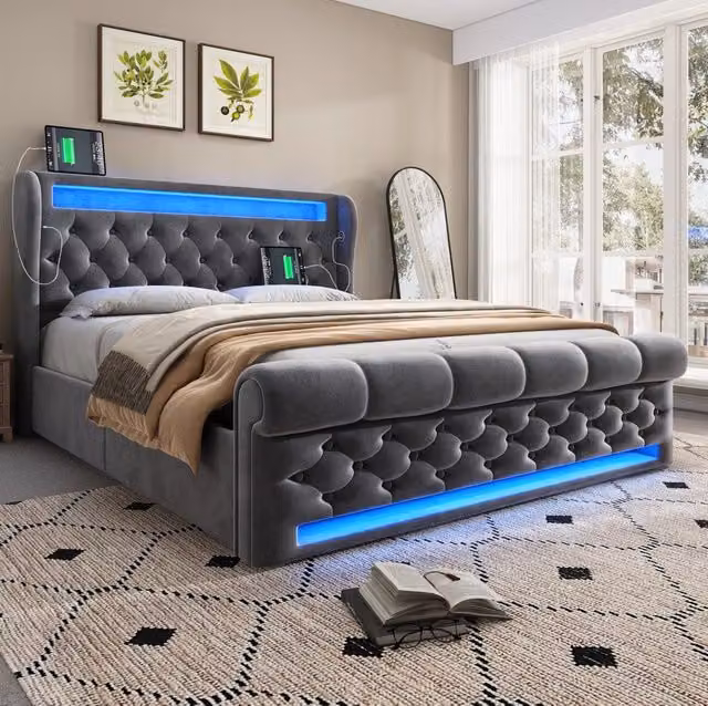 Letto matrimoniale 140x190 cm; LED integrato; ricarica USB e Type C; velluto; grigio (Senza materasso)