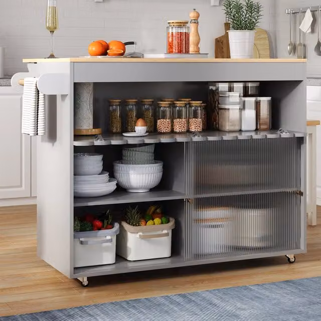 Carrello da Cucina Pieghevole ¨C MINIMAL ¨C Piano Rovere, Vetro Temperato, 122x46x91 cm