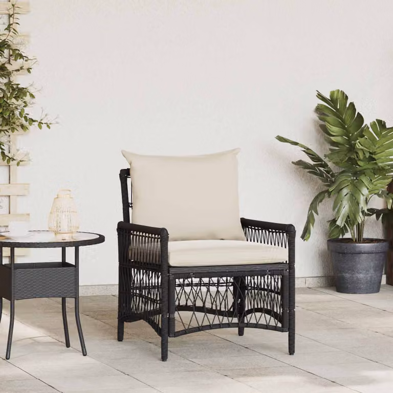 Sedia da giardino moderna vidaXL in polyrattan nero con cuscini bianchi e braccioli