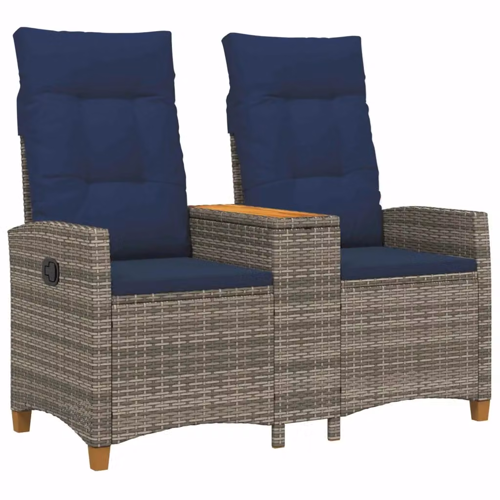 Panchina reclinabile con tavolo vidaXL in polyrattan con cuscini, Grigio e Blu, L 126 x P 65 x H 112 cm – 2