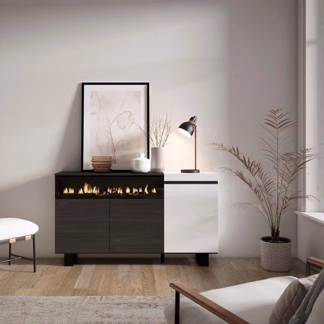 Credenza, Mobile, 150x35x87cm, 3 Porte, Camino elettrico, Design industriale, Bianco e nero RF2503