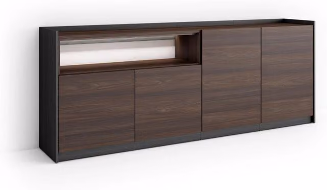 Credenza, Mobile, Cucina, 207x80x37 cm, 4 Porte, LED, Rovere scuro e Nero