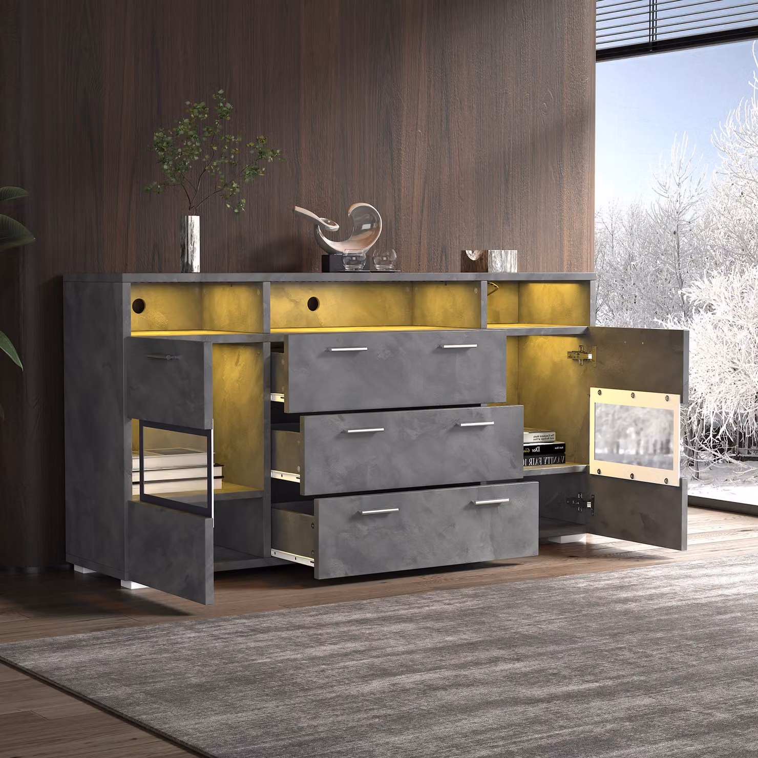 Mobile laterale STILVORA con 2 ante in acrilico trasparente e 3 cassetti, credenza multifunzionale con vani a giorno, mobile laterale con illuminazione a LED, Grigio