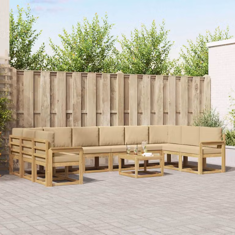 Set di divani da esterno vidaXL 11 pz in legno di acacia con cuscini Bianco, Beige e Marrone