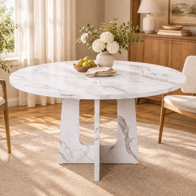 Tavolo da pranzo in MDF effetto marmo bianco per 4–6 persone con piedi regolabili diametro 120 cm altezza 76 cm