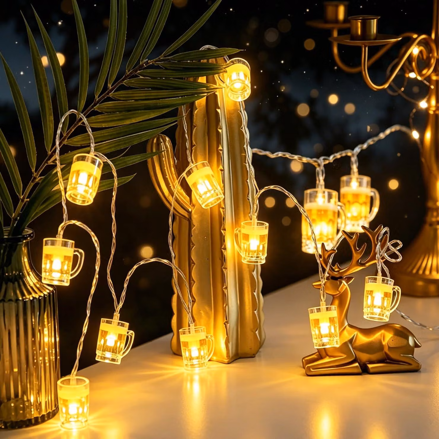 Catena luminosa a LED per bicchieri di birra, lunghezza 1,5 metri, 10 LED bianco caldo, decorazione