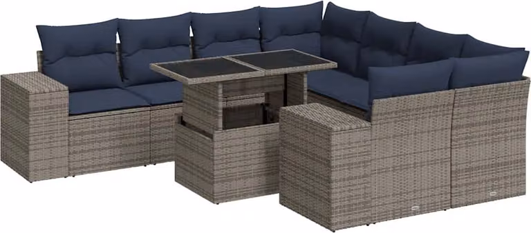Set Divano da Giardino 9pz con Cuscini Grigio Polyrattan Acacia