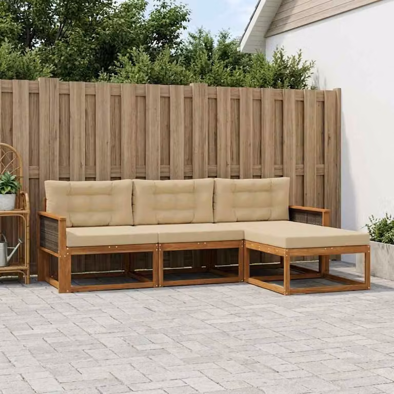 Set di divani da esterno vidaXL a forma di L in legno di acacia con pouf e cuscini, Beige e Marrone