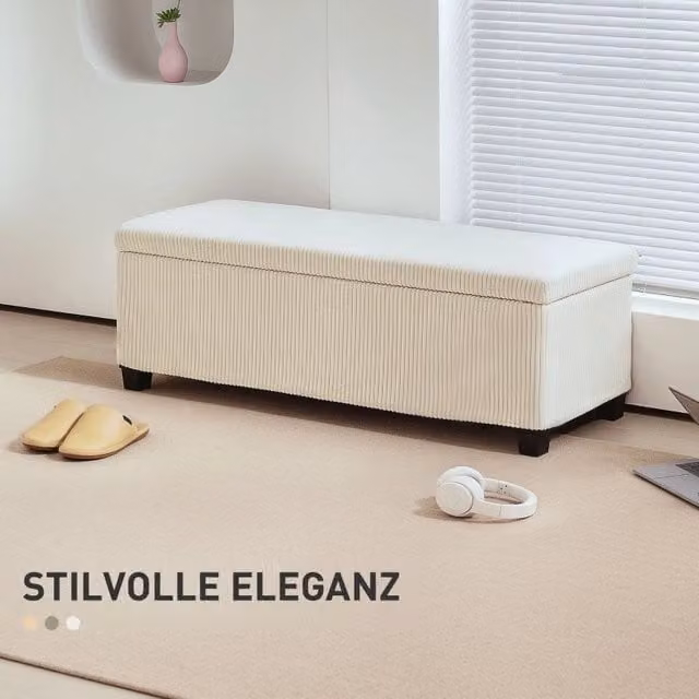 Panca contenitore imbottita con vano portaoggetti e struttura in acciaio in poliestere beige 112×42×40 cm