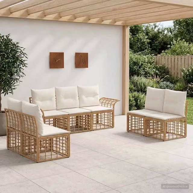 Set di divani da esterno 7 pz Naturale e Bianco Crema 3437668