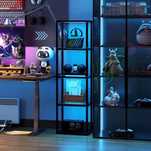 Lampada da terra RGB WISHDOR con ripiani in vetro e legno, multicolore, con telecomando e timer, nera
