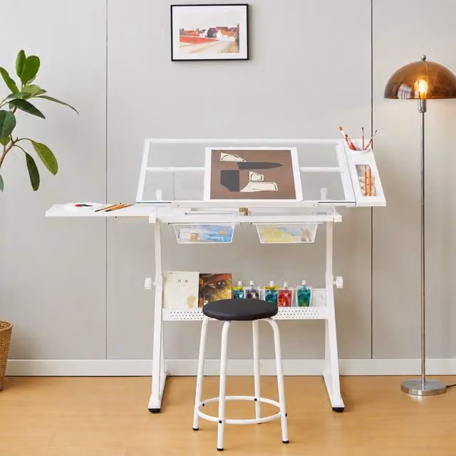 Scrivania moderna Chicfurn con piano in vetro regolabile in altezza e inclinazione, bianca