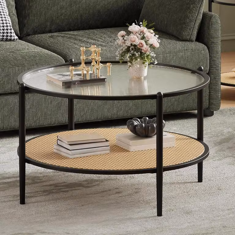 Tavolino in rattan - Rotondo 78 cm - 2 ripiani - Piano in vetro temperato ondulato - Stile antico - Grigio chiaro