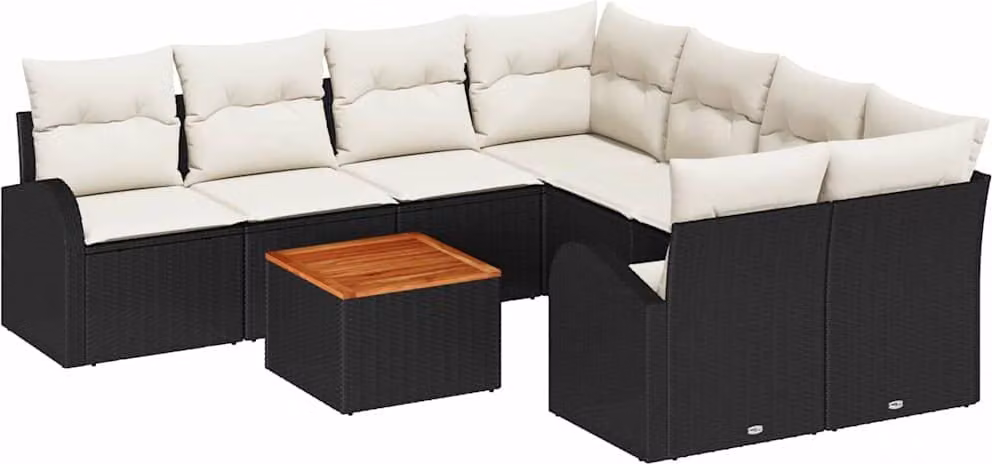 Set Divano da Giardino 9 pcs Nero e Crema polyrattan