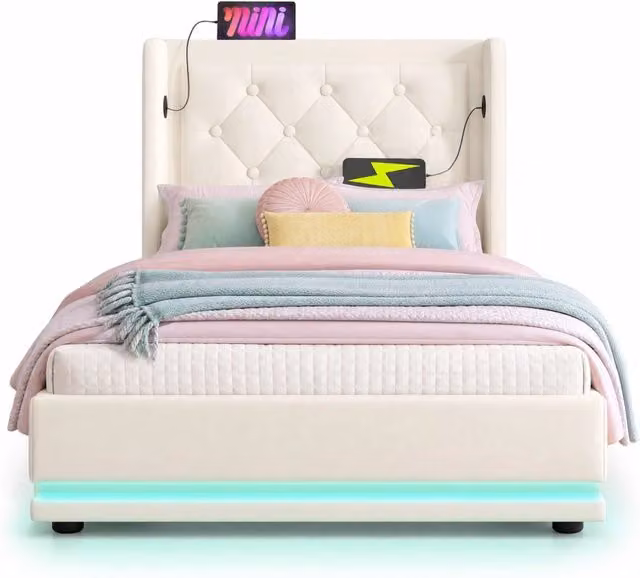 Letto 90x200 cm in lino naturale con contenitore， ricarica wireless e USB-C， senza materasso