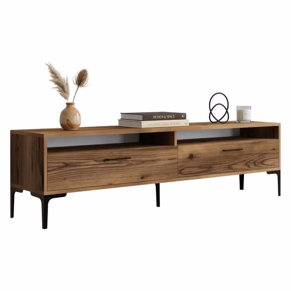 Mobile porta TV Cantoira DMORA in legno rovere marrone con 2 ripiani, L 180 cm x P 47 cm x H 35 cm – 2