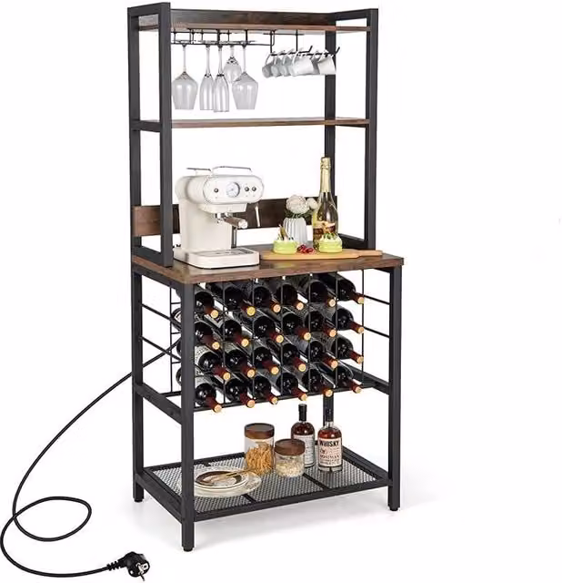 Mobile Bar Vino, Portabottiglie Industriale con 4 Ripiani, Porta Calici, Porte USB e Prese, con Struttura in Metallo Robusto, 75,5 x 48 x 163 cm