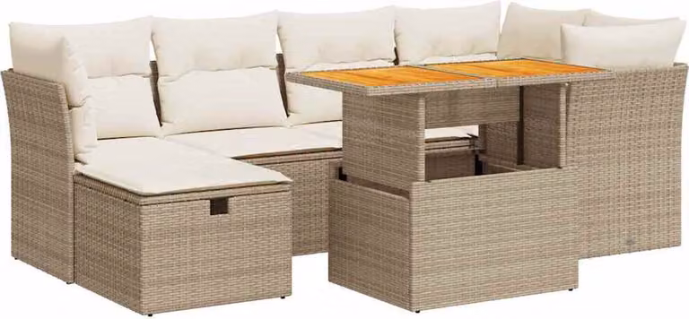 Set Divani da Giardino 7 pz con Cuscini Beige Polyrattan Acacia